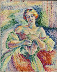 Portrait of a woman in pink and blue, 1908. Creator: Cousturier, Lucie (1870-1925)