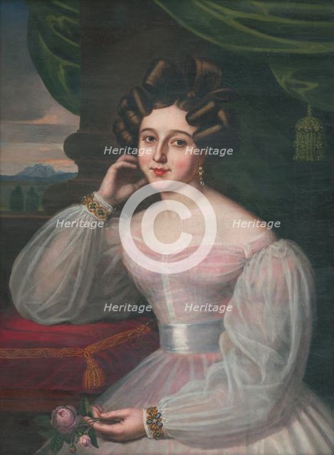 Portrait of a young woman in a pink dress, holding a rose, 1829. Creator: János Rombauer.