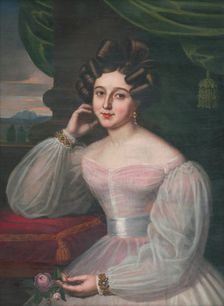 Portrait of a young woman in a pink dress, holding a rose, 1829. Creator: János Rombauer