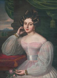 Portrait of a young woman in a pink dress, holding a rose, 1829. Creator: János Rombauer