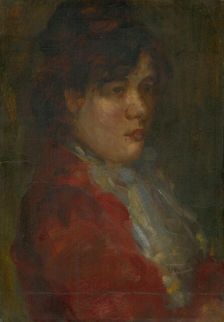 Portrait of a young woman in red, 1905-1910. Creator: Konstantín Kövári-Kacmarik