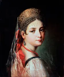 Portrait of a Young woman in Sarafan and Kokoshnik 1820s. Artist: Mauro Gandolfi