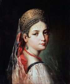 Portrait of a Young woman in Sarafan and Kokoshnik 1820s. Artist: Mauro Gandolfi