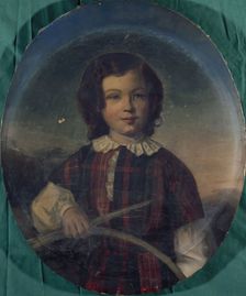 Portrait of a young boy in Scottish costume holding a hoop, between 1801 and 1900. Creator: Unknown