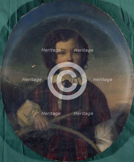 Portrait of a young boy in Scottish costume holding a hoop, between 1801 and 1900. Creator: Unknown.