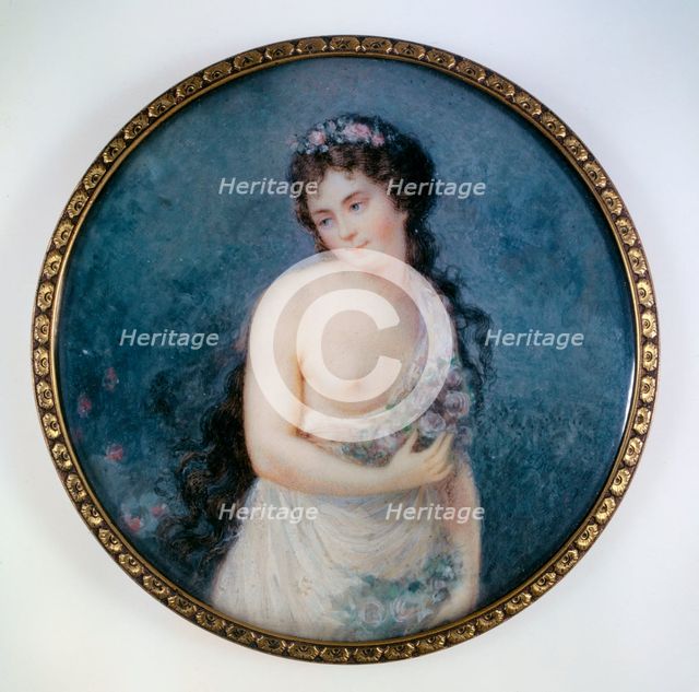 Portrait of a young brunette woman in flowers, c1790. Creator: Ecole Francaise.