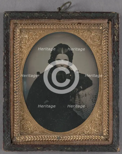 Portrait of a young girl dressed in dark clothes, wearing dark gloves, about 1860. Creator: Unknown.