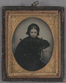 Portrait of a young girl dressed in dark clothes, wearing dark gloves, about 1860. Creator: Unknown