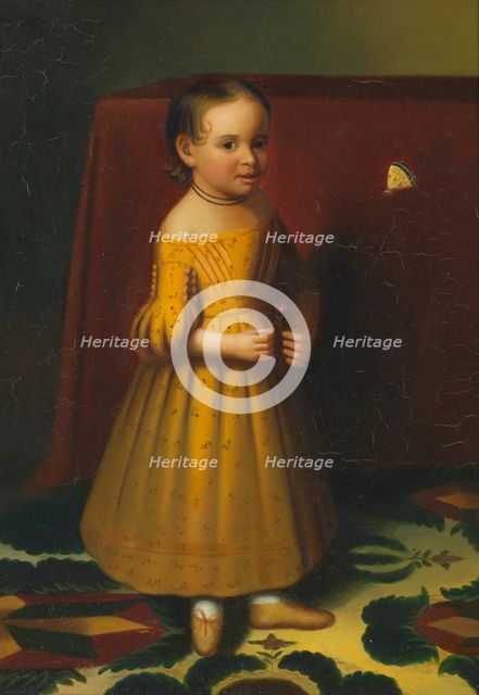 Portrait of a Young Girl with Rose and Butterfly, ca. 1838. Creator: Oliver Tarbell Eddy.