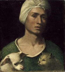 Portrait of a young Man holding a Dog and a Cat, c1530s. Artist: Dosso Dossi