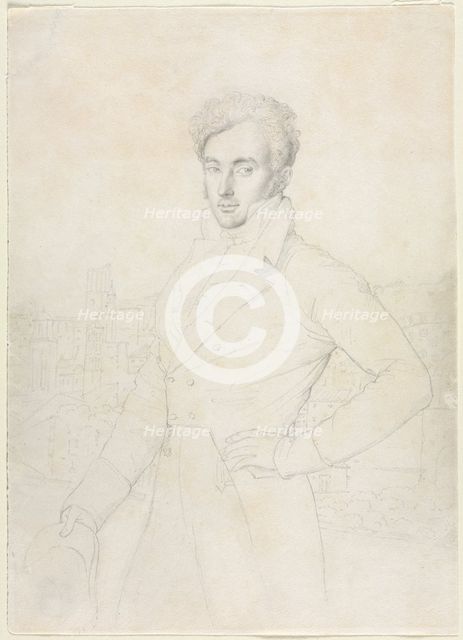 Portrait of a Young Man Standing on the Quirinal with the Turris Comitum in the Background, 1800s. Creator: Jean-Auguste-Dominique Ingres (French, 1780-1867), follower of.