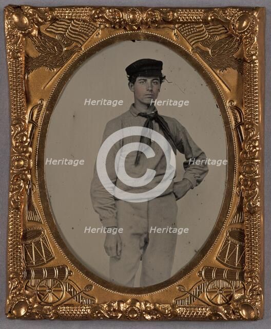 Portrait of a Young man wearing a cap and scarf, standing, about 1860. Creator: Unknown.