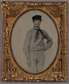 Portrait of a Young man wearing a cap and scarf, standing, about 1860. Creator: Unknown