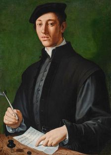 Portrait of a young man with a quill and a sheet of paper (Self-Portrait), c. 1527. Creator: Bronzino, Agnolo (1503-1572)