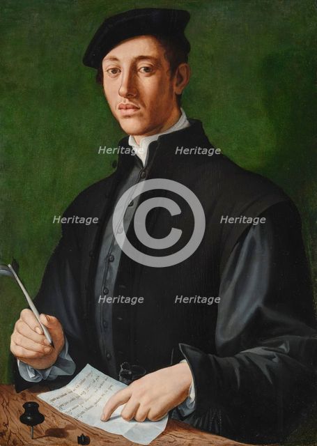 Portrait of a young man with a quill and a sheet of paper (Self-Portrait), c. 1527. Creator: Bronzino, Agnolo (1503-1572).