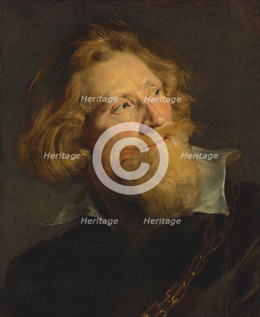 Portrait of a bearded man with a white collar and gold chains.