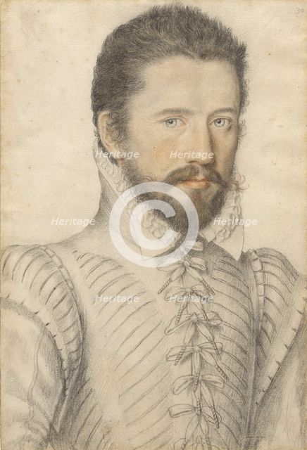 Portrait of a bearded man, half-length, wearing a slashed doublet, about 1575. Creator: Master of the Lecurieux Collection.