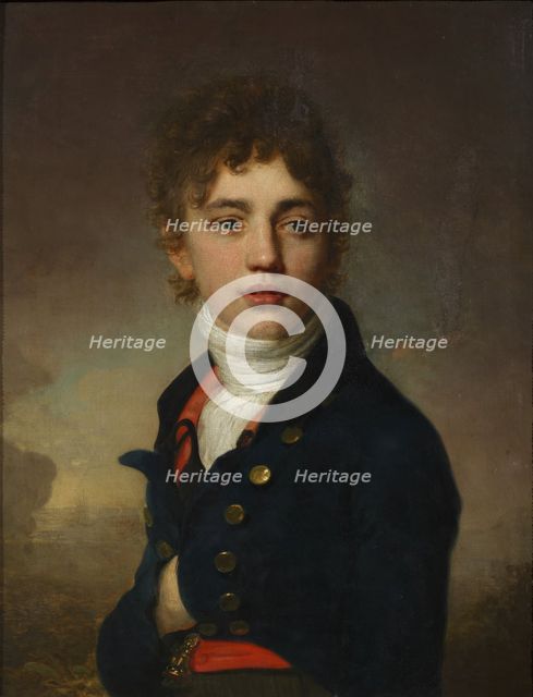 Portrait of a boy wearing a red waistcoat.