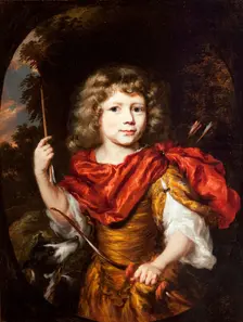 Portrait of a Boy with a Bow and a Dog (Amor), c1673/1674. Creator: Nicolaes Maes