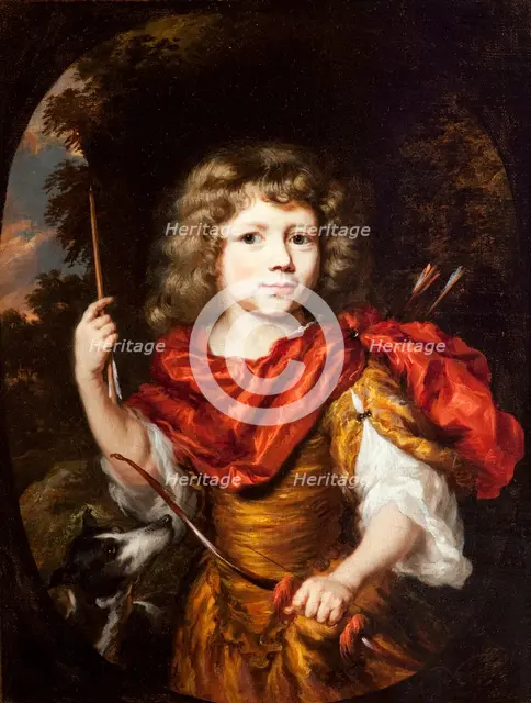 Portrait of a Boy with a Bow and a Dog (Amor), c1673/1674. Creator: Nicolaes Maes.