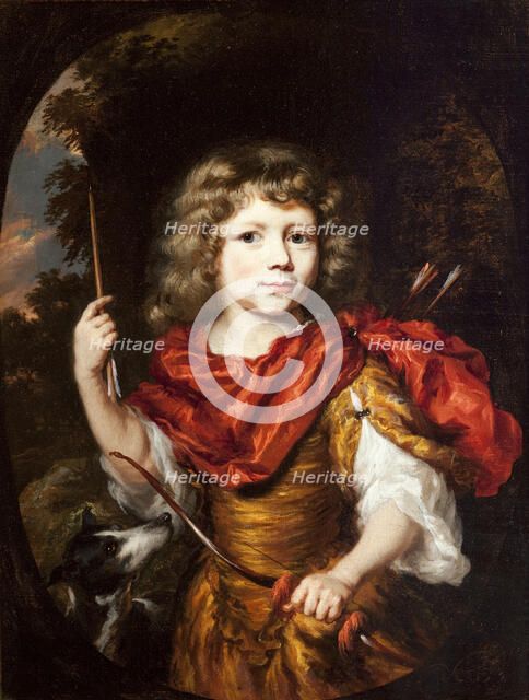 Portrait of a Boy with a Bow and a Dog (Amor), c1673/1674. Creator: Nicolaes Maes.