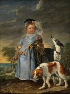 Portrait of a boy with a falcon and two dogs, c1655. Creator: Erasmus Quellinus