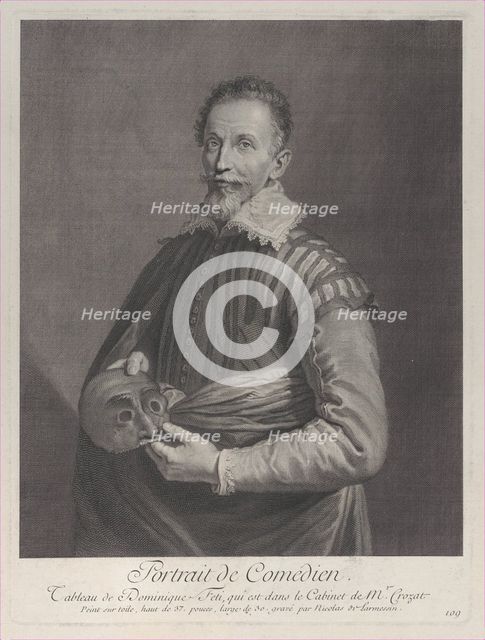 Portrait of a Comedian: portrait of Francesco Andreini holding a mask, 1729-40., 1729-40. Creator: Nicolas de Larmessin.
