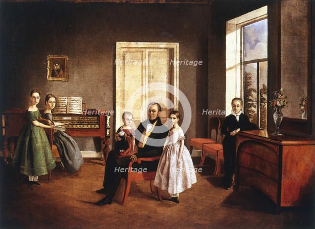 Portrait of a family in an interior, Russian, c1840. Artist: Anon