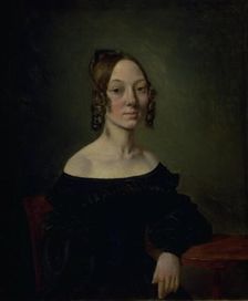 Portrait of a girl in a black dress sitting at table, 1835-1839. Creator: Wilhelm Bendz