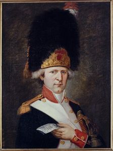 Portrait of a grenadier holding a ticket in his hand, c1791. Creator: E Lussigny