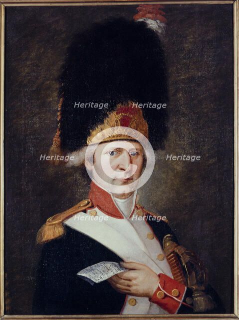 Portrait of a grenadier holding a ticket in his hand, c1791. Creator: E Lussigny.