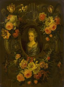 Portrait of a Lady Encircled by a Wreath of Flowers. Creator: Jean-Baptiste Morel