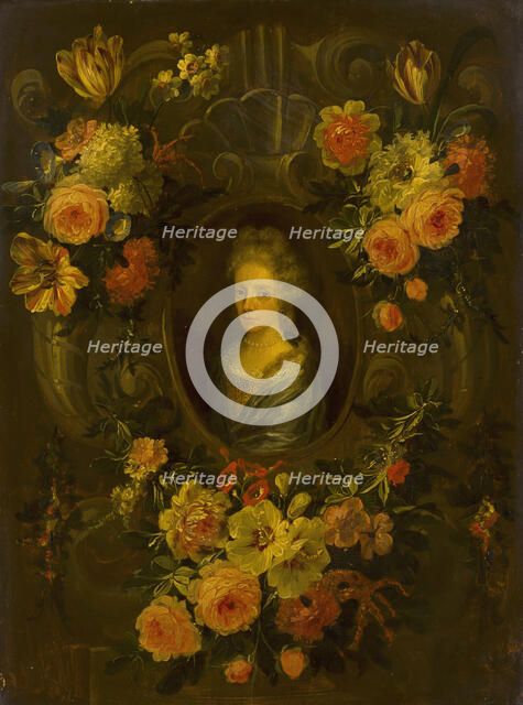 Portrait of a Lady Encircled by a Wreath of Flowers. Creator: Jean-Baptiste Morel.