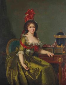 Portrait of a lady, in a green satin dress and a bonnet with red ribbons. Creator: Ducreux, Rose-Adelaïde (1761-1802)