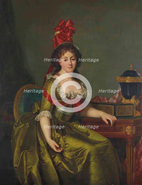 Portrait of a lady, in a green satin dress and a bonnet with red ribbons. Creator: Ducreux, Rose-Adelaïde (1761-1802).
