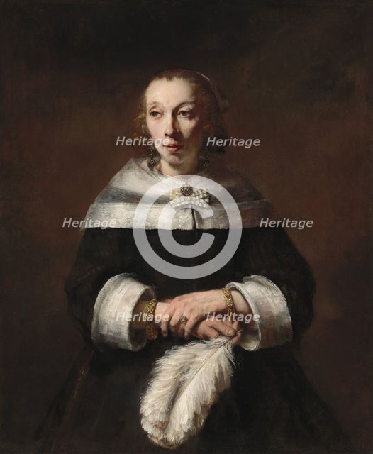 Portrait of a Lady with an Ostrich-Feather Fan, c. 1656/1658. Creator: Rembrandt Harmensz van Rijn.