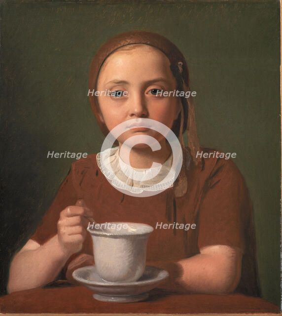 Portrait of a Little Girl, Elise Kobke, with a Cup in front of her, 1850. Creator: Constantin Hansen.