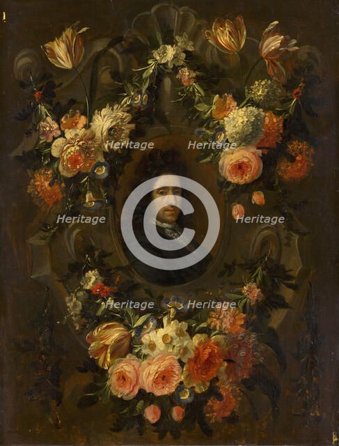 Portrait of a Man Encircled by a Wreath of Flowers. Creator: Jean-Baptiste Morel.
