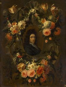 Portrait of a Man Encircled by a Wreath of Flowers. Creator: Jean-Baptiste Morel