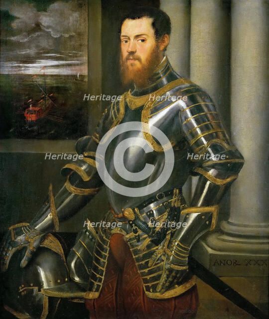 Portrait of a Man in a Gold decorated Suit of Armor, ca 1555. Creator: Tintoretto, Jacopo (1518-1594).