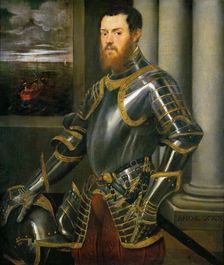 Portrait of a Man in a Gold decorated Suit of Armor, ca 1555. Creator: Tintoretto, Jacopo (1518-1594)