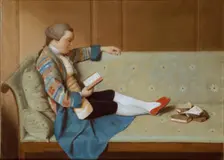 Portrait of a Man reclining on a Sofa, reading, mid 18th century. Creator: Francois Xavier Vispre