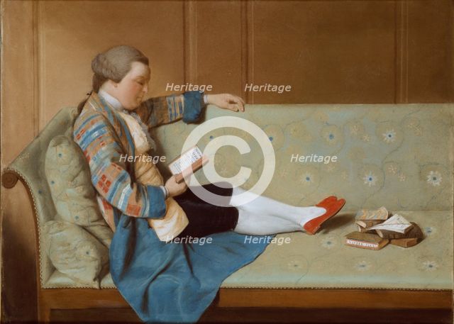 Portrait of a Man reclining on a Sofa, reading, mid 18th century. Creator: Francois Xavier Vispre.