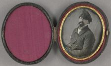 Portrait of a man with a busy moustache and goatee, wearing an angled cap, about 1850. Creator: Unknown