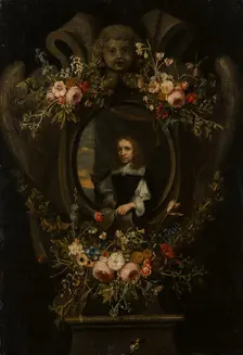 Portrait of a Man Wreathed by Flowers, c1650-1660. Creator: Flemish Master