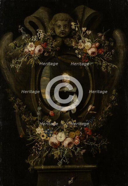 Portrait of a Man Wreathed by Flowers, c1650-1660. Creator: Flemish Master.