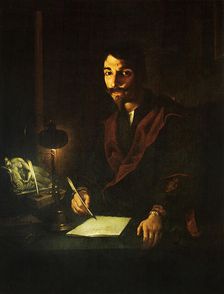 Portrait of a man writing in lamplight (self-portrait), 1635-1640. Creator: Paolini, Pietro (1603-1682)