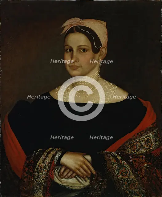 Portrait of a Merchant Wife in a Low-cut Black Dress with Puffed Sleeves, 1838. Creator: Ivan Tarkhanov.