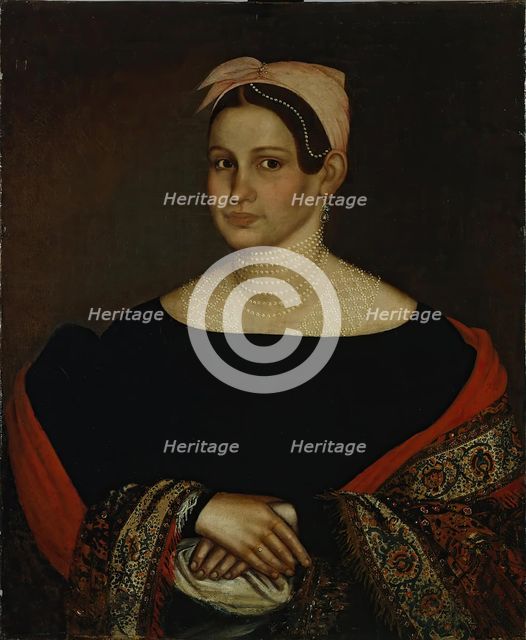 Portrait of a Merchant Wife in a Low-cut Black Dress with Puffed Sleeves, 1838. Creator: Ivan Tarkhanov.