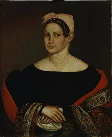 Portrait of a Merchant Wife in a Low-cut Black Dress with Puffed Sleeves, 1838. Creator: Ivan Tarkhanov